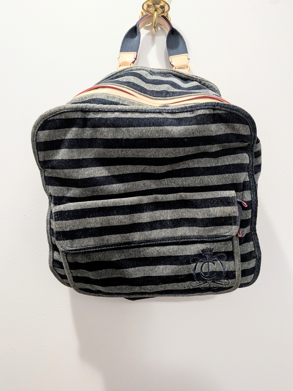 Y2K Vintage Juicy Couture Velour Striped Backpack Navy & Gray